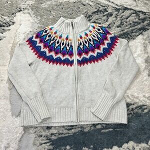 Chaps Cardigan Sweater Womens Medium Petite Gray Fair Isle Tight Knit Full Zip